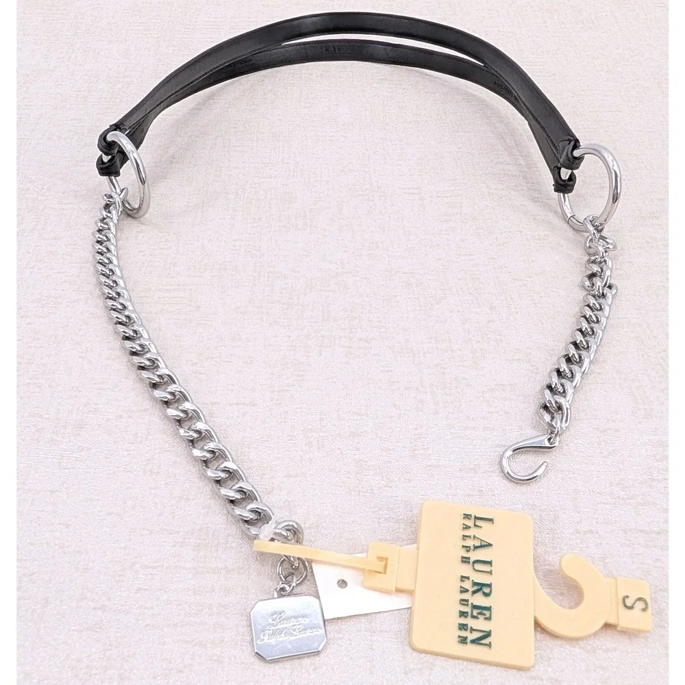 Lauren Ralph Lauren Black Leather Silver Chain Link Belt Small Charm Hook Clasp